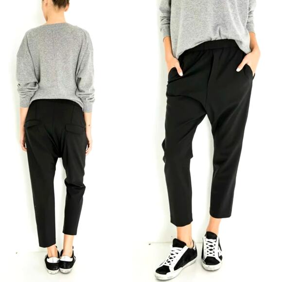 Nili Lotan 2 Elastic Waist WOOL $495 Paris Pants Drawstring Drop Crotch Black